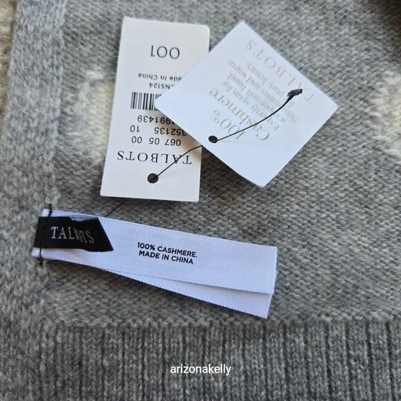NWT Talbots Cashmere Grey Knit Scarf With White Hearts - Picture 2 of 8